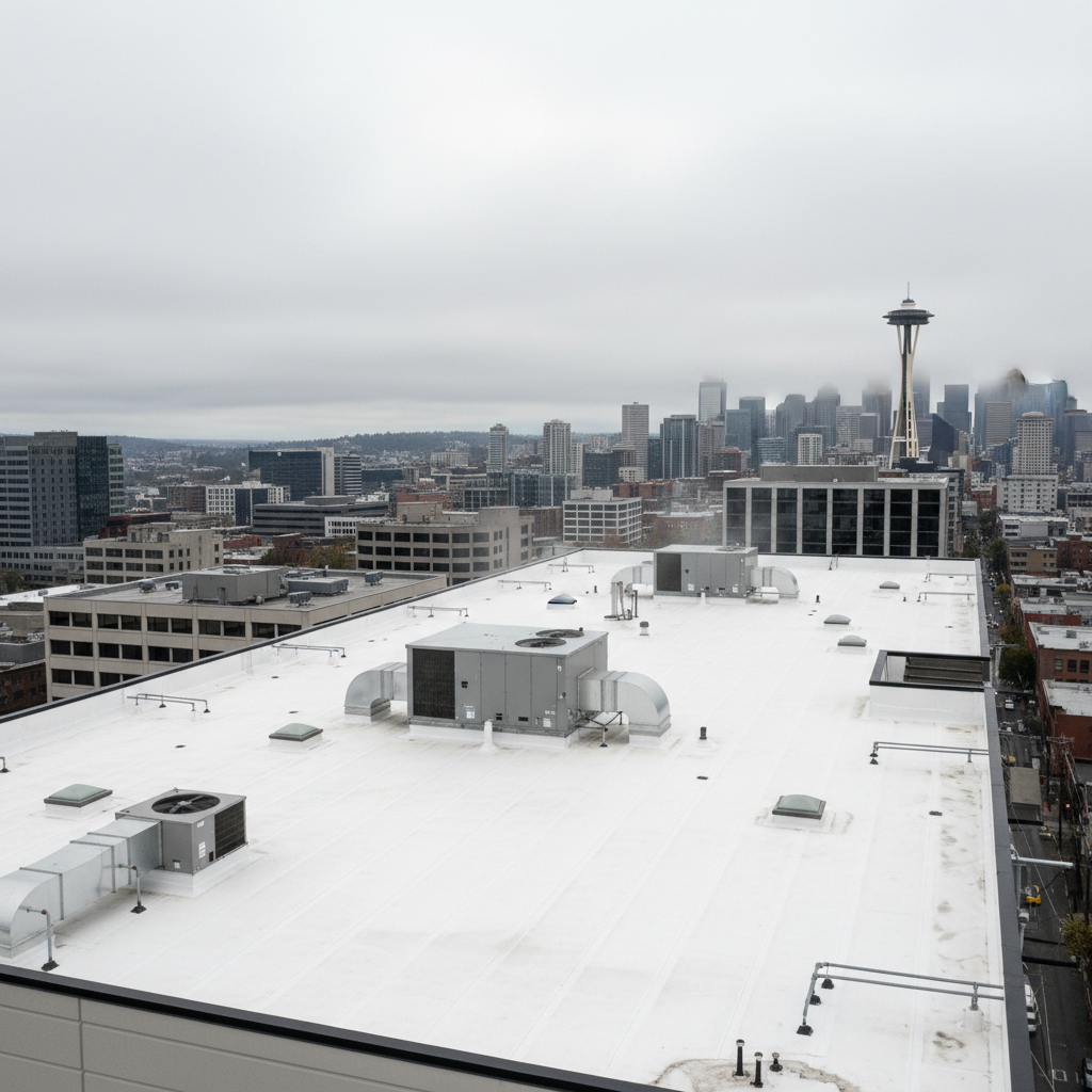 Commercial white single-ply flat roof membrane with HVAC units, Seattle skyline in background